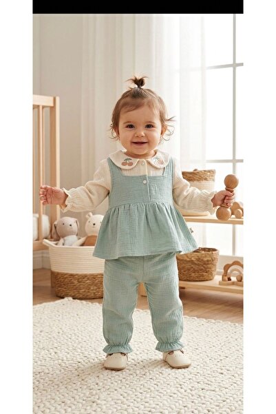 KOÇAR BEBEK Baby Girl Muslin Fabric Cherry Embroidered Organic 2-Piece Girl's...