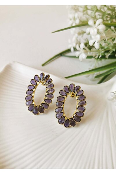 Halley Concept Purple Stone Oval Gold Steel Earrings