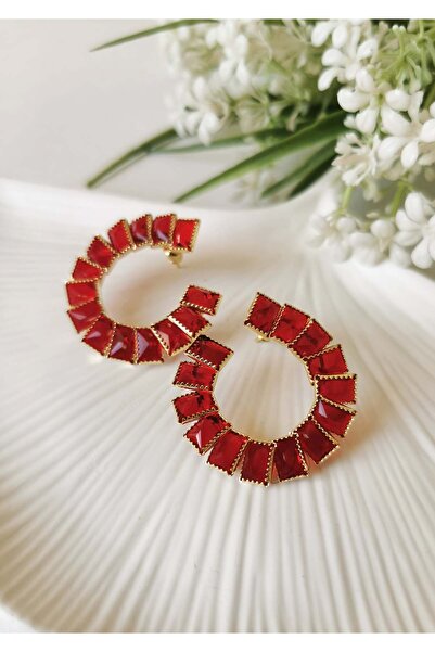 Halley Concept Red Stone Gold Steel Hoop Earrings