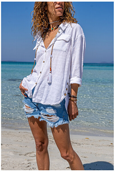 Lavanta Tekstil Πλενόμενο λινό πουκάμισο με κουμπιά στο πλάι και διπλές τσέπε...