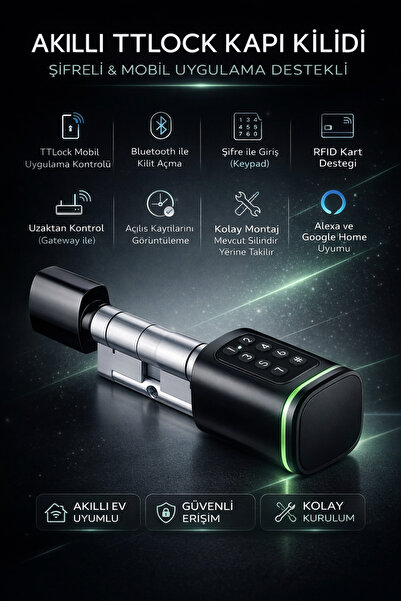 TTLOCK Akıllı Kapı Kilidi Elektronik Silindir Şifreli Kartlı Mobil APP Blueto...