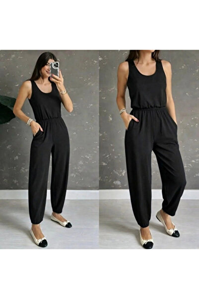 Butik Kadın Askılı Yuvarlak Yakalı Cepli Viskon Tulum