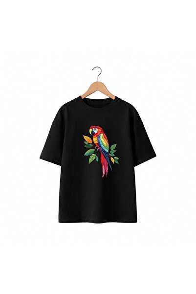 playwear Тениска с щампа на клонки, листа и папагали, 100% памук, овърсайз, с...