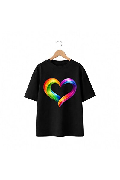 playwear Tricou cu imprimeu Rainbow Heart, 100% bumbac, supradimensionat, cu ...