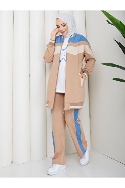 moda4b Kadın 3 Parça Eşofman Takımı Fermuarlı Ceket İki İplik Pamuk Spor Şık ...