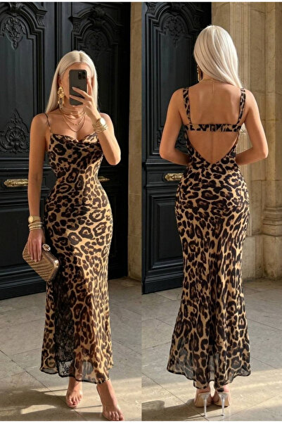 Afitapbutikmoda Degaje Yaka Sırt Dekolteli Tül Astarlı Dantel Yırtmaçlı Leopa...