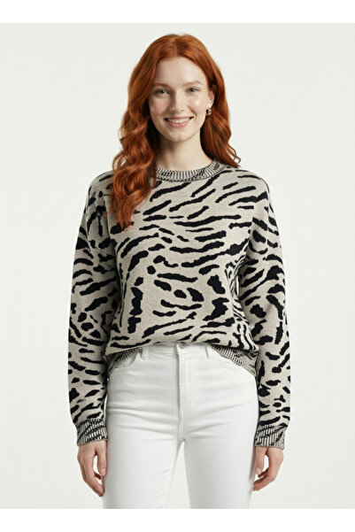 Neden Tekstil Women's Knitwear Zebra Patterned Round Neck Sweater