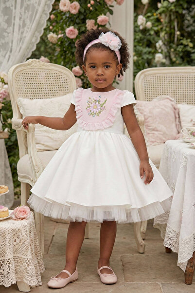 Pamina Dress - White - with Floral Embroidery and Hair Accessory