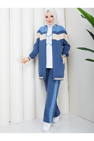 moda4b Kadın 3 Parça Eşofman Takımı Fermuarlı Ceket İki İplik Pamuk Spor Şık ...