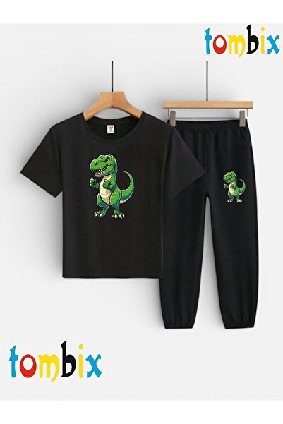 tombix Single Dinosaur Printed T-Shirt and Sweatpants (with Pocket) Children'...