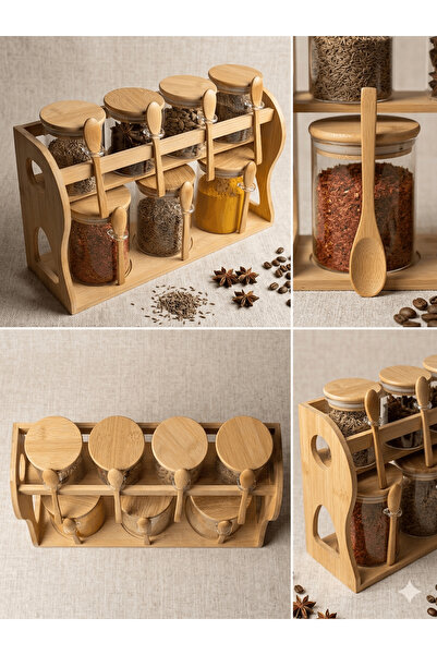 DsHome BAMBU STANDLI CAM BAHARAT TAKIMI BAMBU KAŞIK HEDİYELİ