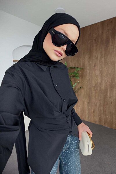 Hazamoda Πουκάμισο ποπλίνας με εφαρμογή στη μέση, μαύρο