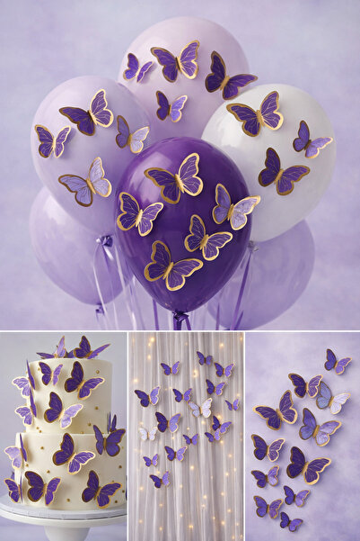 Baloncu Nene 63 Adet Mor 3D Kelebek Süs Seti 4-6 CM Yapışkan Dahil Balon Past...