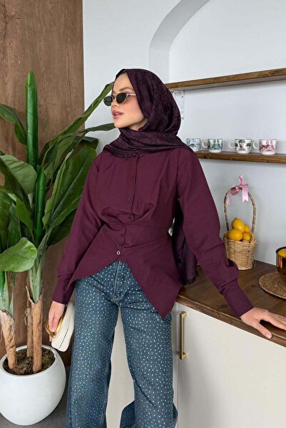 Hazamoda Πουκάμισο ποπλίνα με εφαρμογή στη μέση, χρώμα δαμασκηνί