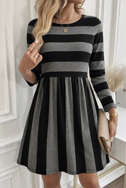 Wear Up Γυναικείο μίνι φόρεμα με μακρυμάνικο λαιμόκοψη με ριγέ σχέδιο με λεπτ...