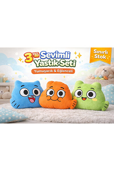 Sozzy 3’lü Peluş Yastık Seti Sevimli Karakter Çocuk Dekoratif Yastık Oyuncak