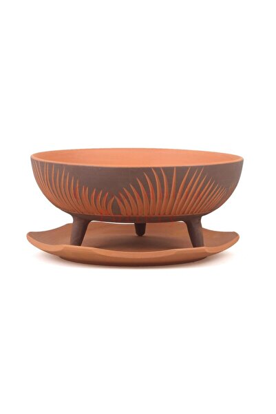 Cappadocia Pottery 30cm Desenli Ayaklı Altıgen Tabaklı Toprak Çömlek Saksı No...