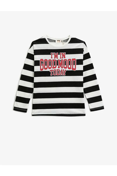 Koton Tricou cu mânecă lungă cu dungi, cu gât turnu, imprimat din bumbac
