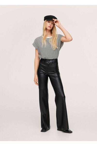 MANGO Woman Women's Black Leather Look Wideleg Trousers