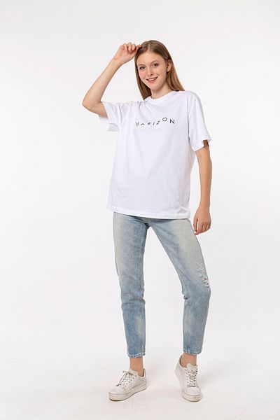 Nur Aka by Nurteks Horizon Embroidered White 100% Cotton Oversize Large Size T-shirt