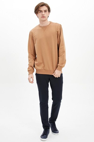 DeFacto Ανδρικό φούτερ με καφέ Crew Neck Basic κανονική εφαρμογή M7823AZ20SP