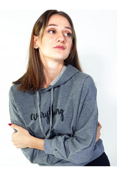 MERİCEY Hanorac oversize crop cu glugă antracit pentru femei