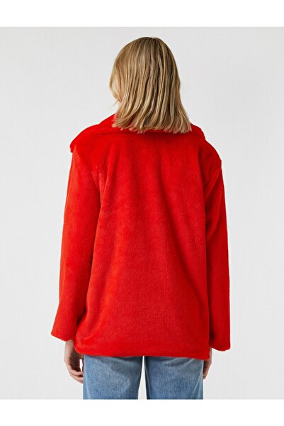 Koton Women's Red Buttoned Oversize Short Faux Fur Coat