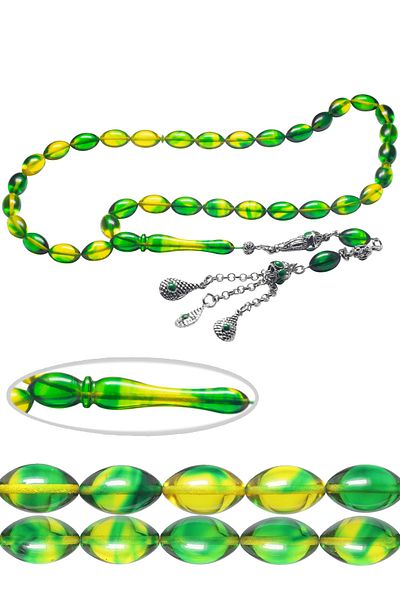 Tesbih Atölyesi Green Yellow Colored Fire Amber Rosary with Aleppo Tassels