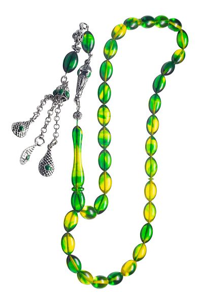 Tesbih Atölyesi Green Yellow Colored Fire Amber Rosary with Aleppo Tassels
