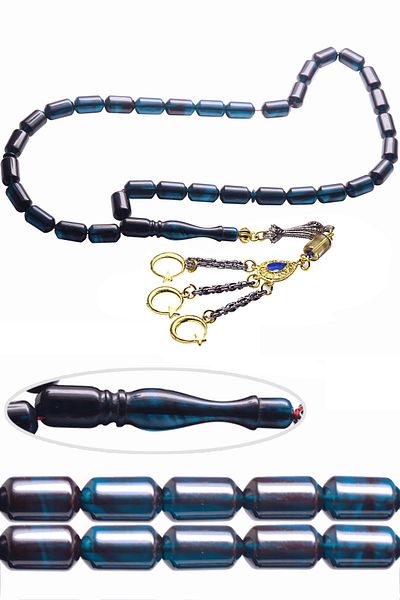 Tesbih Atölyesi Triple Tasseled Capsule Cut Black on the Outside and Blue on the Inside Fire Amber Rosary
