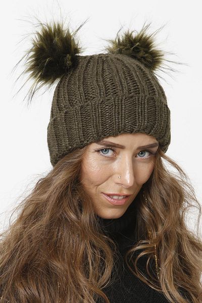 Vemod 75 Folded Double Pompom Knitted Beanie - Khaki