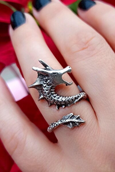 Fildişi Aksesuar Antik Gümüş Kaplama Ejderha Dragon Şekilli El Yapımı Ayarlan...