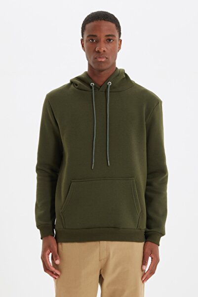 Trendyol Collection Φούτερ χακί με κουκούλα Fleece - Τσέπη καγκουρό, κανονική εφαρμογή TMNAW20SW0163