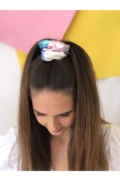 Woollyland 4 nuanțe de albastru colorat și cataramă pentru scrunchie din satin mozaic