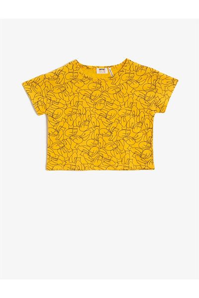 Koton Girl's Yellow Crew Neck Short Sleeve Cotton T-Shirt