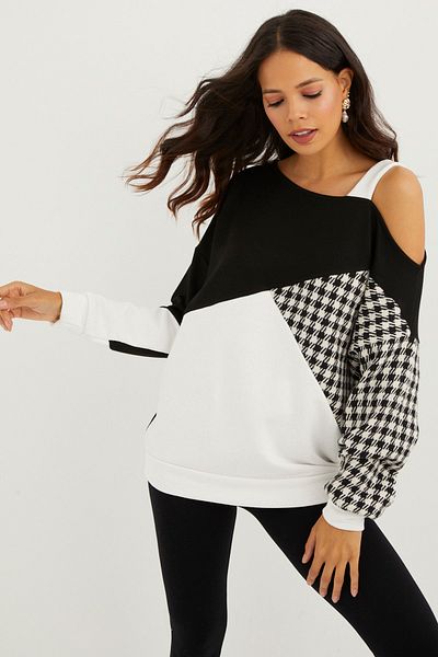 Cool & Sexy Women's Ecru-Black Houndstooth Pattern Contrast Single Shoulder Sweatshirt BK2010