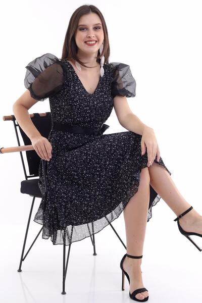 Ceylen Organza Balloon Sleeve V-neck Chiffon Flared Mini Dress