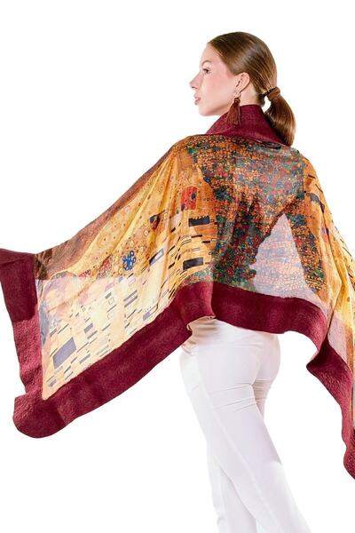 Nomads Felt İpek Keçe Şal | Gustav Klimt The Kiss Bordo Camel | Nomads Felt