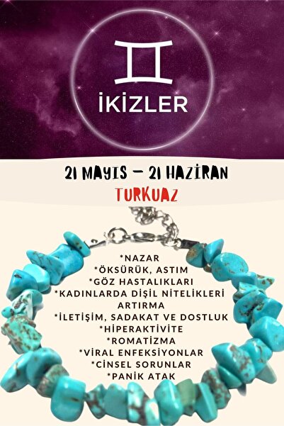 Gümüştel Sertifikalı Burç Taşı Ikizler Burcu Turkuaz Taşı Bileklik