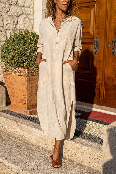 Güneşkızı Women's Beige Washed Linen Half Placket Pocket Dress GK-RSD2083