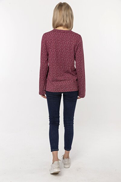 Nur Aka by Nurteks Burgundy Polka Dot Patterned Collar Buttoned Long Sleeve Blouse