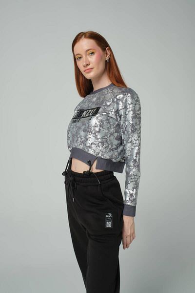 DAVID&GERENZO Gray Shiny Crop Sweatshirt