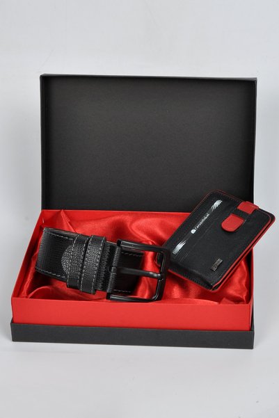 CENGİZ PAKEL Genuine Leather Cengizpakel Jeans Belt - Card Holder Set Black-red