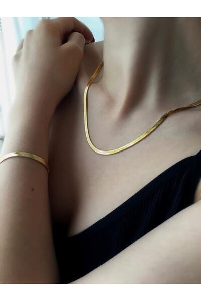 KADINCA MODA Altın Renk Vip Çelik İtalyan Zincir Kolye ve Bileklik Set