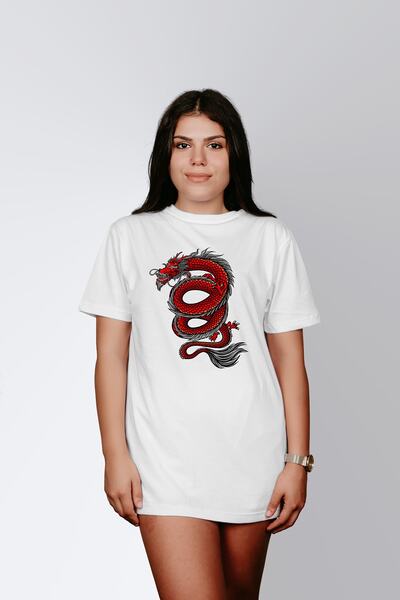 ErTaPassage Tatuaj Dragon Alb cu imprimeu Femeie tricou - T5383853