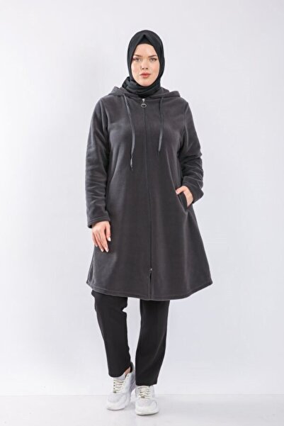 Modakenti Mărime mare cu glugă șapcă fleece cu fermoar antracit