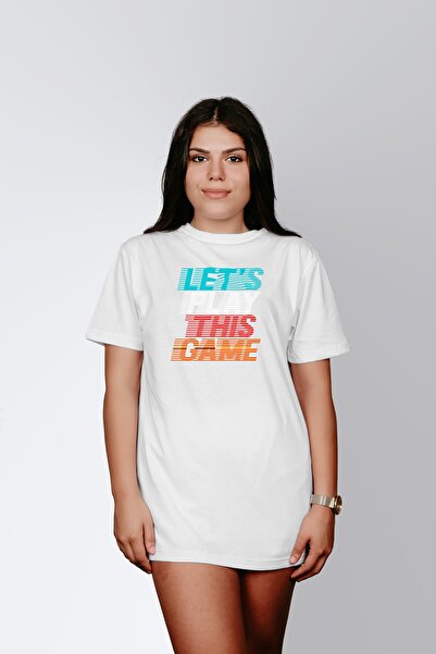 ErTaPassage Tricou alb pentru femei Lets Play Written cu imprimeu Standard tr...