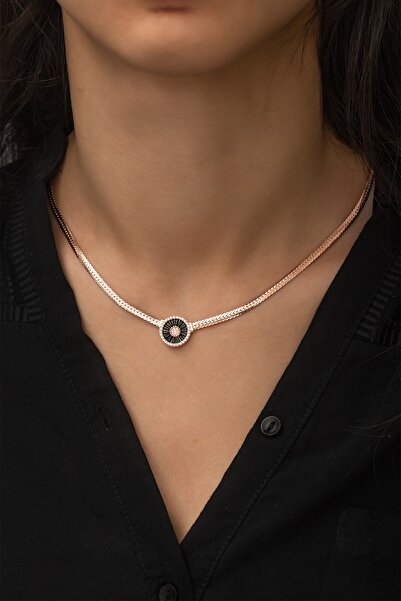 Elika Silver Kadın Yassı Zincir Nano Zirkon Taşlı Rose Kaplama 925 Ayar Gümüş...