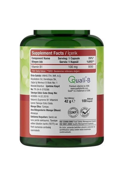 Nature's Supreme Vitamin B1 100 Mg 100 Capsules 8681763380633