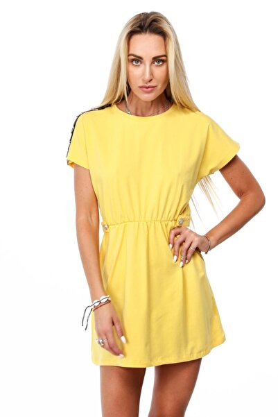 fasardi Bisiklet Yaka Omzu Agraflı Mini Elbise